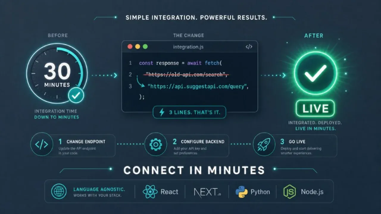 Simple integration infographic showing a three-line endpoint change, a 30-minute setup clock, and a live deployment badge with framework compatibility.