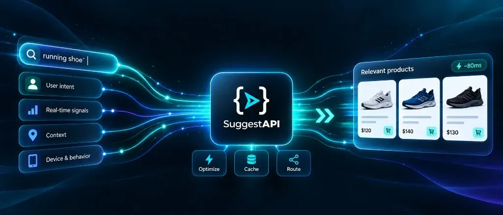 A running-shoe search with user intent, real-time signals, context, and device behavior flowing through SuggestAPI into relevant products in about 80ms.