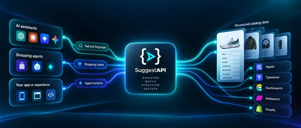 AI assistants, shopping agents, and apps sending natural language and shopping intent through SuggestAPI into structured catalog data on Algolia, Typesense, Elasticsearch, Meilisearch, or Shopify.
