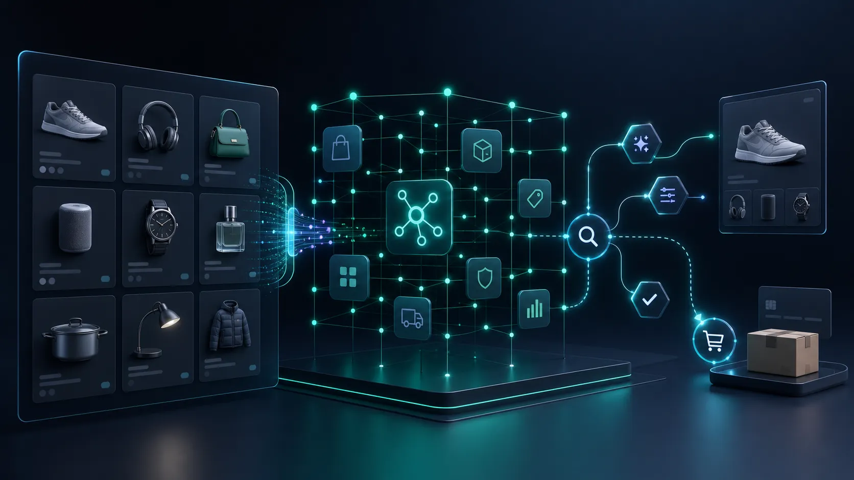 An ecommerce product catalog flowing through a structured capability network to AI search, product selection, and merchant-controlled checkout handoff.