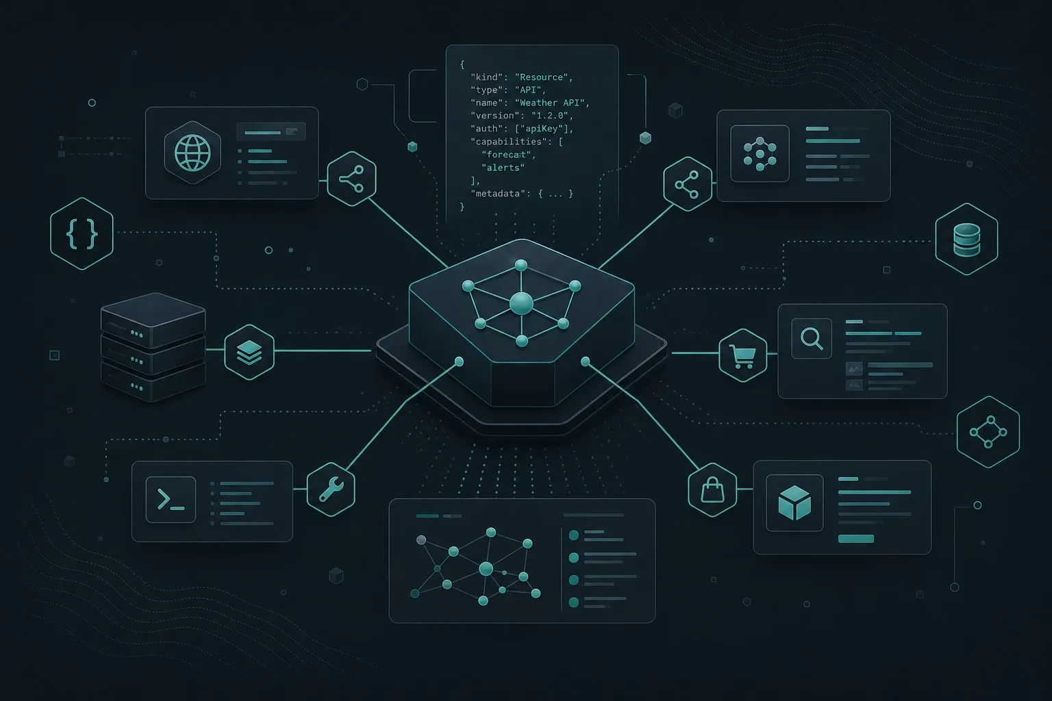 Abstract diagram of agentic resource discovery: a central capability catalog connected to APIs, tools, and commerce search surfaces.