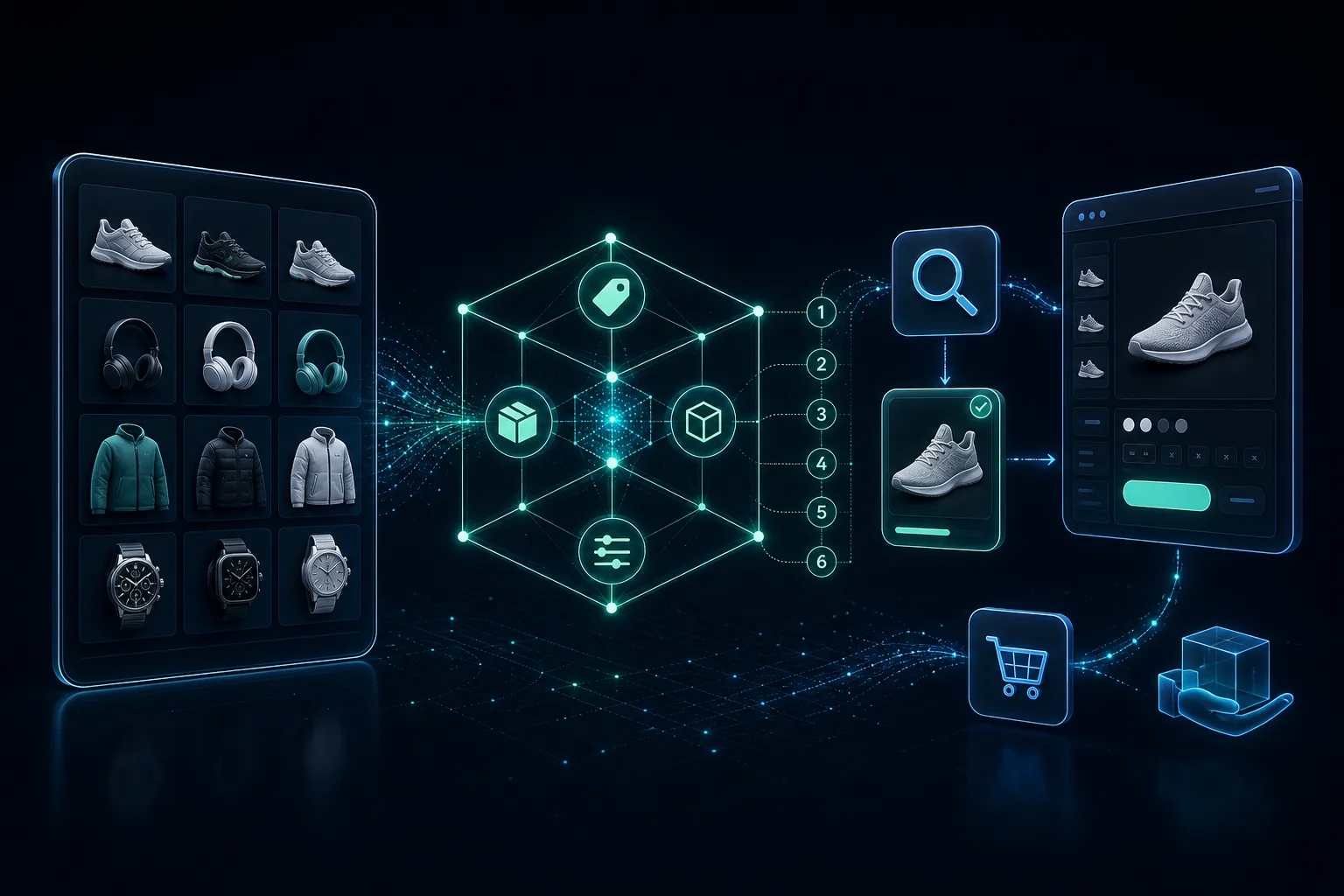Diagram of a product catalog flowing through a structured search layer so an AI shopping assistant can match live inventory, variants, and a storefront handoff.