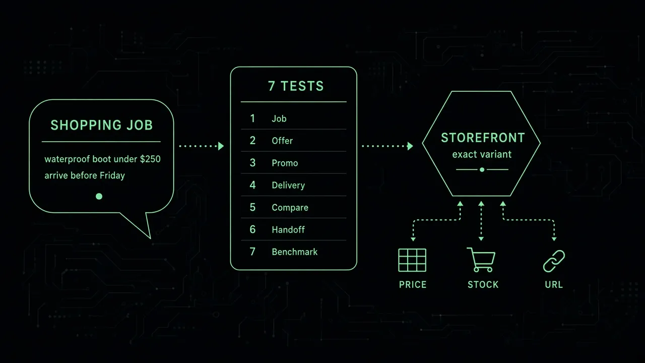 Diagram of a holiday shopping job passing through seven readiness tests and handing off an exact variant to the storefront, with price, stock, and URL.