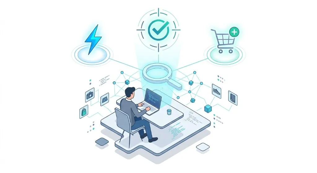 Illustration of a developer at work with ecommerce and discovery icons, representing evaluation of autocomplete search software.