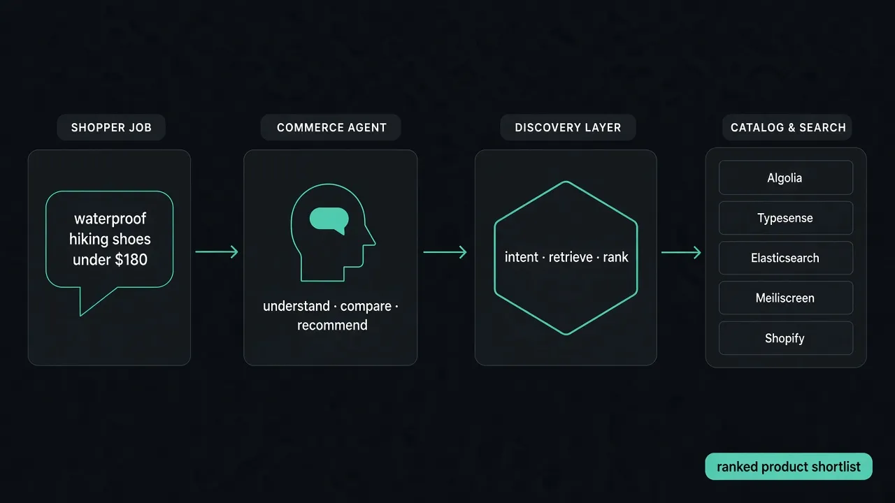 Diagram of a shopper job flowing through a commerce agent and a product-discovery layer into existing catalog and search systems, then back as a ranked product shortlist.