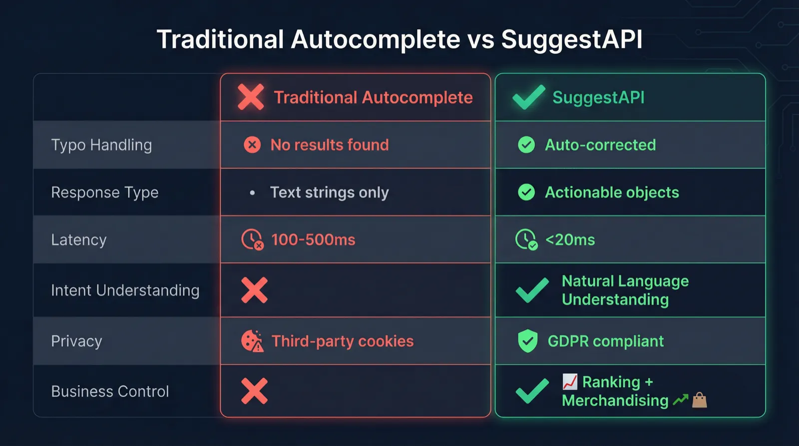 Feature comparison visual contrasting SuggestAPI against traditional autocomplete and ordinary search.