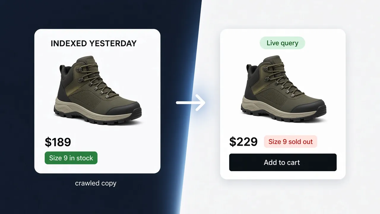 The same hiking boot shown two ways: an indexed result from yesterday at $189 with size 9 in stock, and a live query at $229 with size 9 sold out.