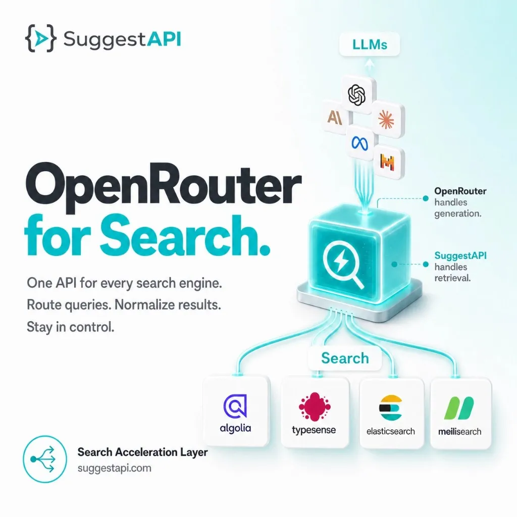 Diagram showing SuggestAPI as the OpenRouter for Search: one API routing LLM applications to Algolia, Typesense, Elasticsearch, and Meilisearch.