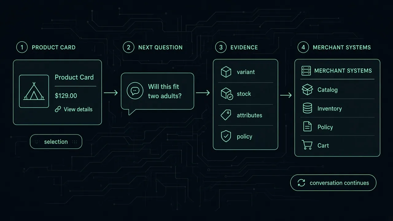 Diagram of a product card leading to a follow-up question, then to variant, stock, attribute, and policy evidence drawn from catalog, inventory, policy, and cart systems.