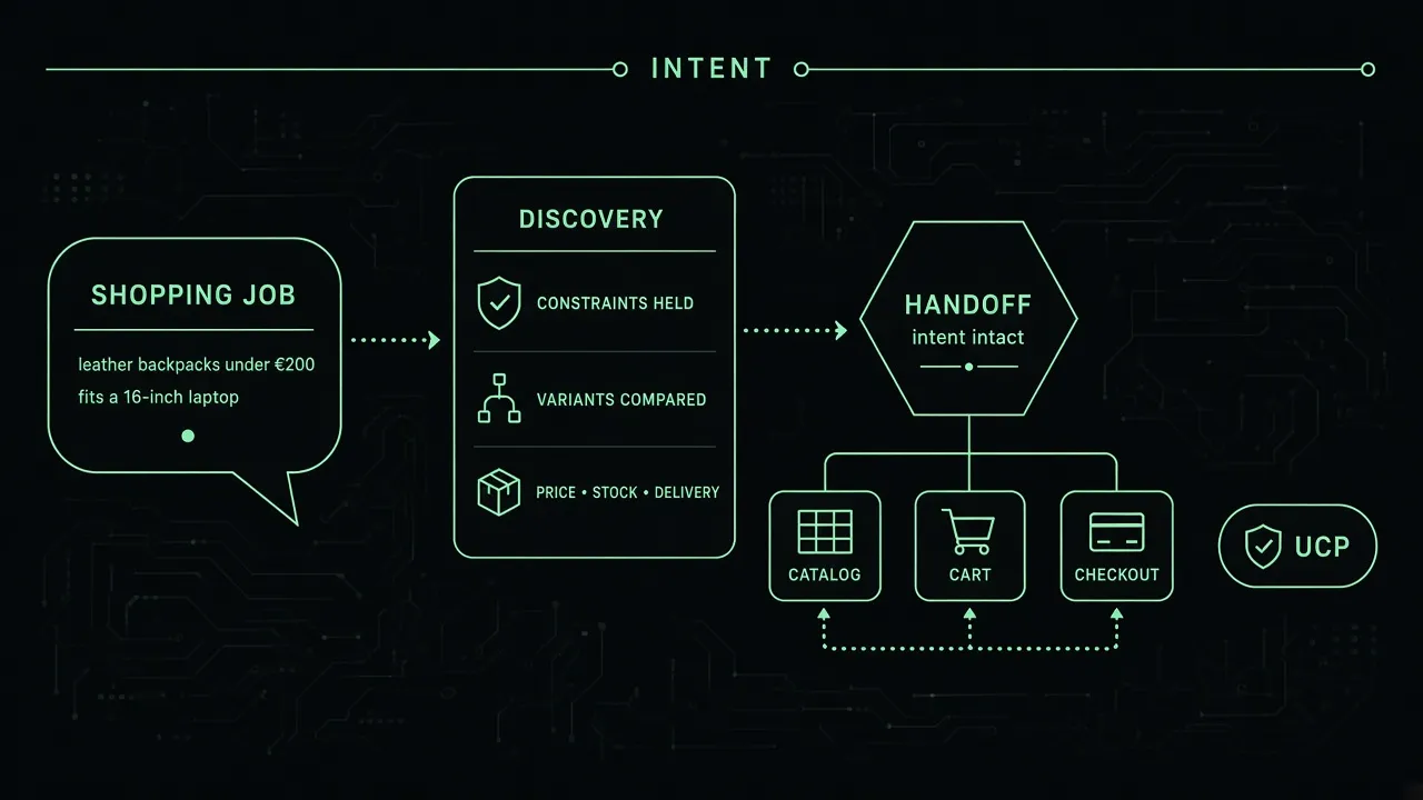 Diagram of a shopping job for leather backpacks moving through discovery, where constraints, variants, price, stock, and delivery stay intact, then handing off to catalog, cart, checkout, and UCP.