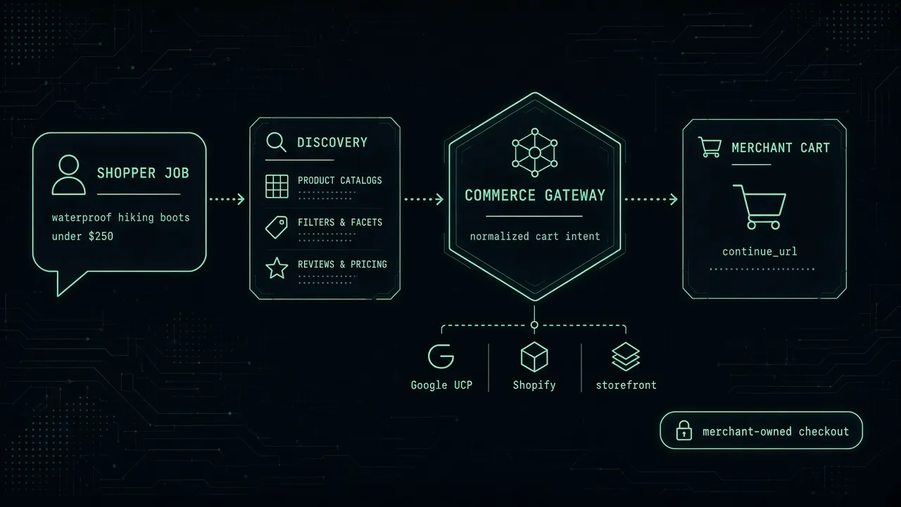 Diagram of a hiking-boots shopping job moving through discovery and a commerce gateway into a merchant-owned cart, with Google UCP and Shopify as separate protocol edges.