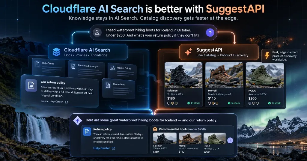 Diagram of one shopper query splitting into Cloudflare AI Search for return-policy knowledge and SuggestAPI for edge-cached hiking-boot product discovery, then merging into one assistant answer.