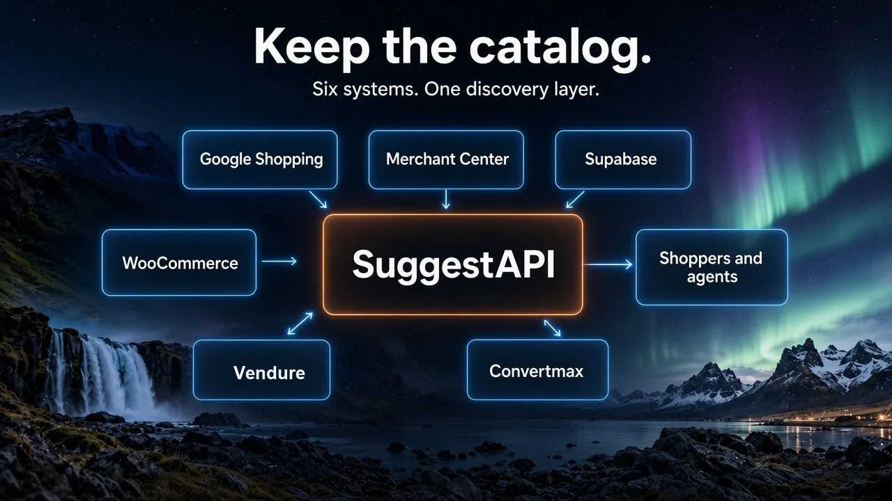 Diagram of Google Shopping, Merchant Center, Supabase, WooCommerce, Vendure, and Convertmax feeding SuggestAPI, which serves shoppers and agents.