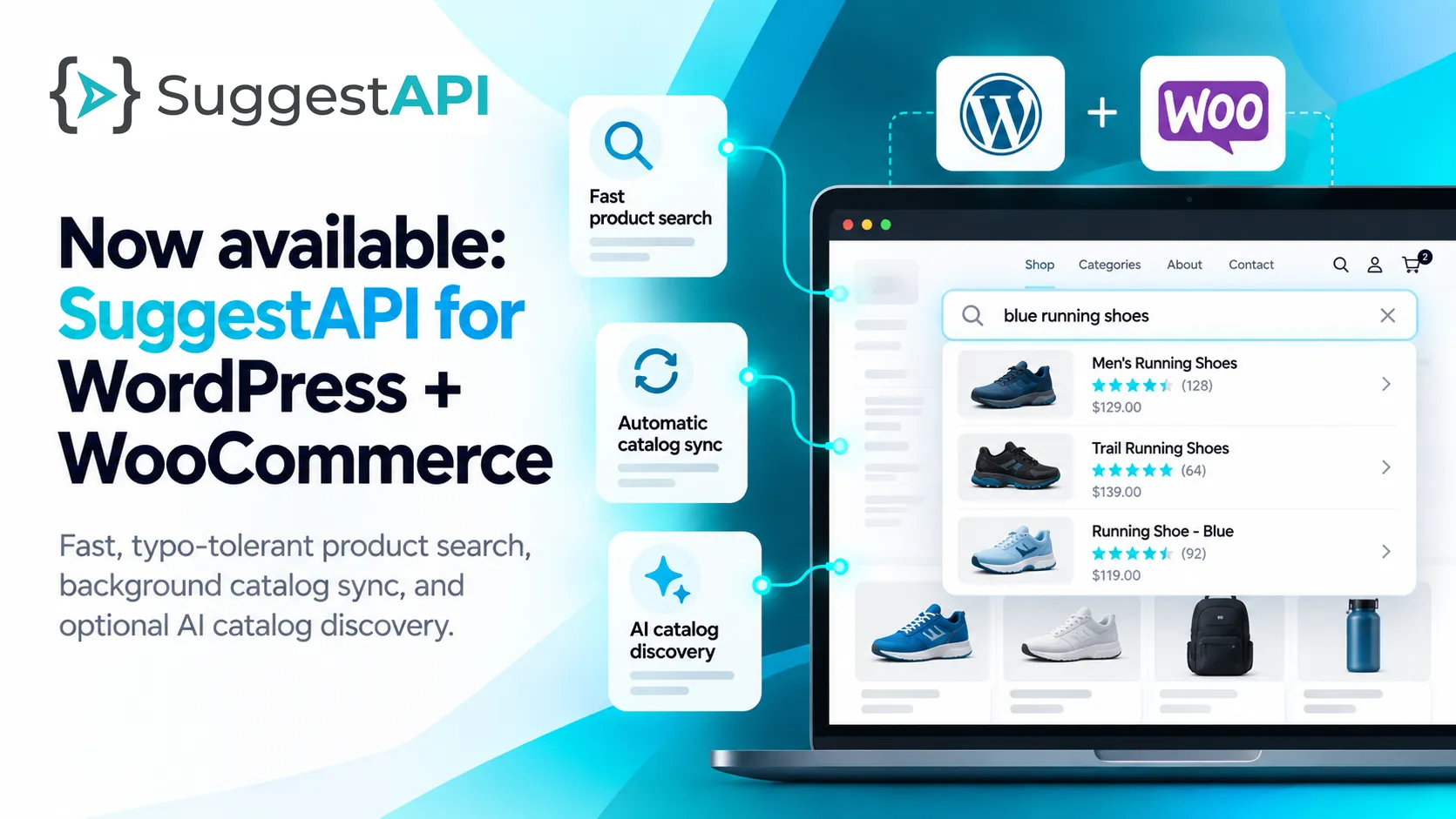 SuggestAPI for WordPress and WooCommerce: fast product search, automatic catalog sync, and AI catalog discovery on a WooCommerce storefront.