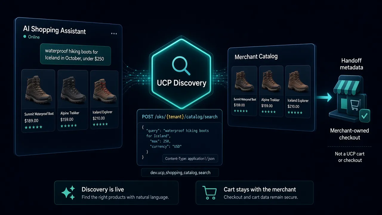 Diagram of an AI shopping assistant sending a hiking-boots request through SuggestAPI UCP catalog search, then handing off to a merchant-owned checkout destination.