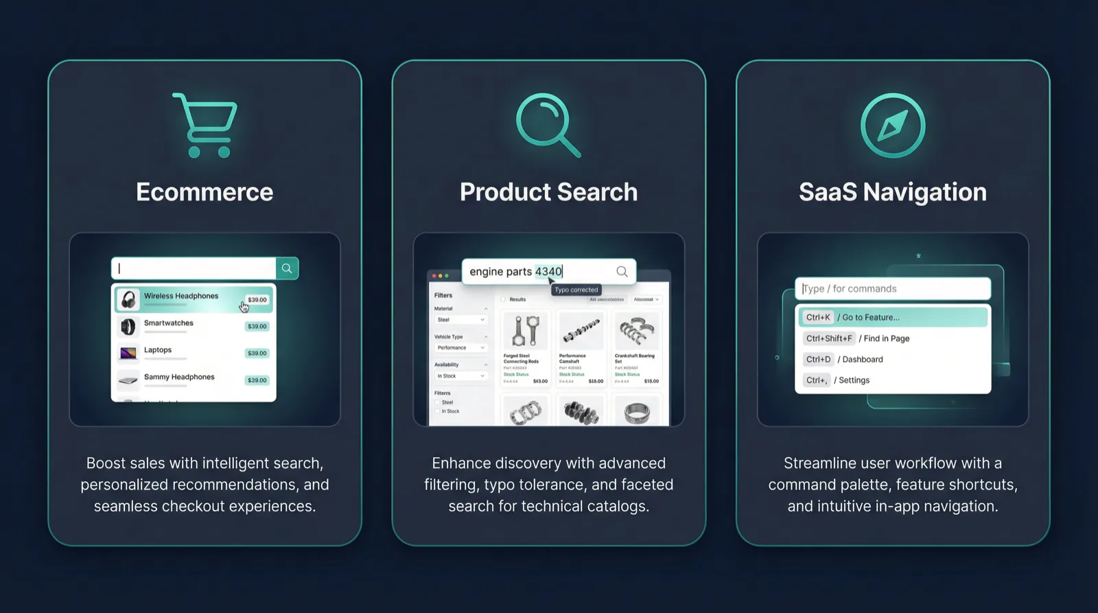 Use case concept cards showing SuggestAPI applied to ecommerce, product search, and SaaS navigation.
