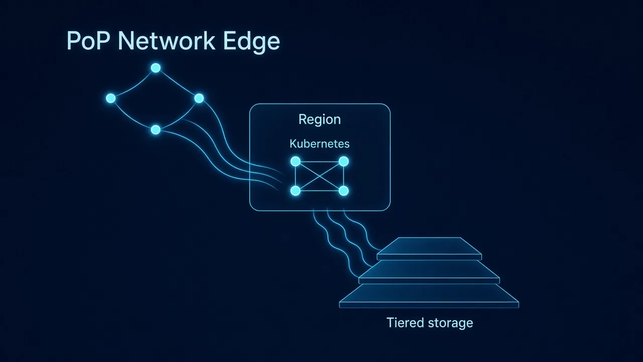 PoP Network Edge nodes flowing into one Region, with Kubernetes connectivity inside the region and a single tiered-storage waterfall.
