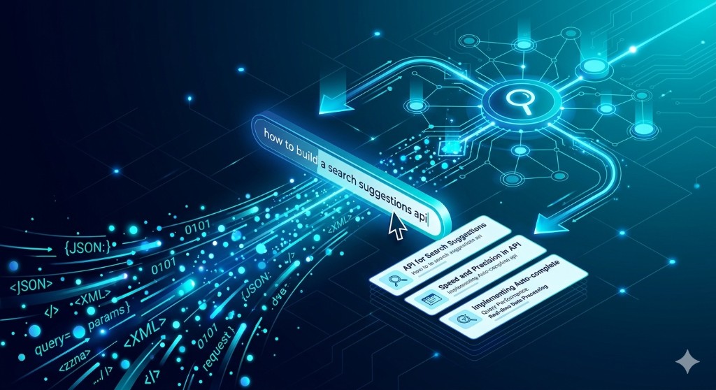 Futuristic illustration of a search query flowing into a network and ranked suggestion results for a search suggestions API.