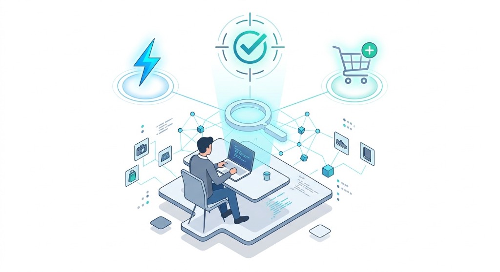 Illustration of a developer at work with ecommerce and discovery icons, representing evaluation of autocomplete search software.