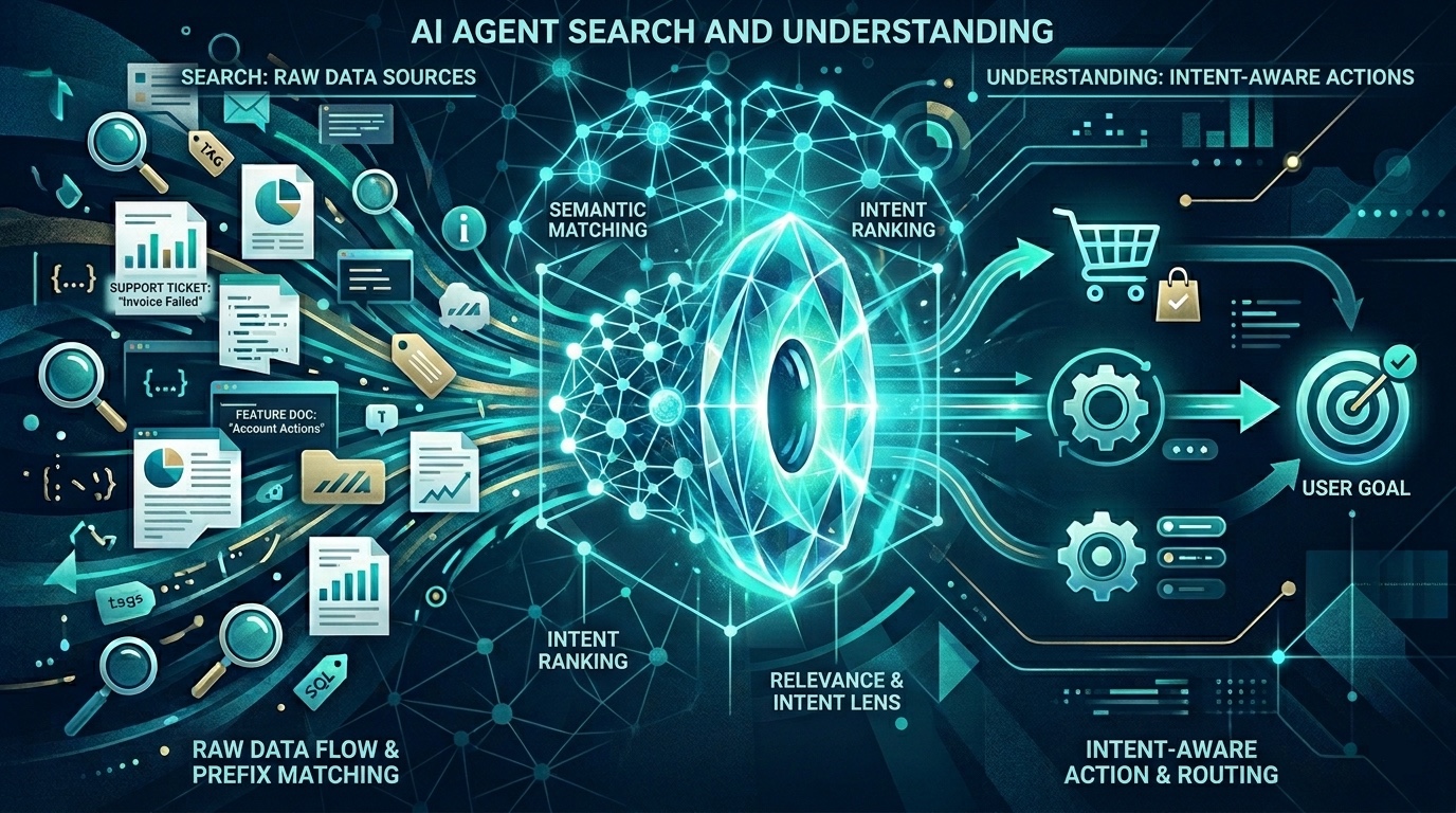 A visual showing raw data sources feeding an AI agent search system that performs semantic matching and intent ranking before routing to the user's goal.